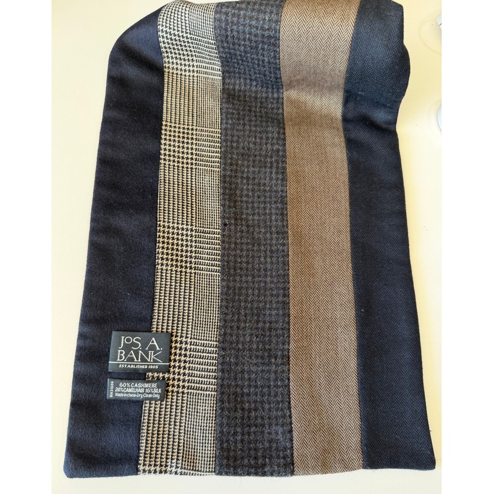 Jos A Bank Scarf Cashmere Camel Hair Silk Navy Brown Plaid Herringbone Mens - Picture 4 of 7